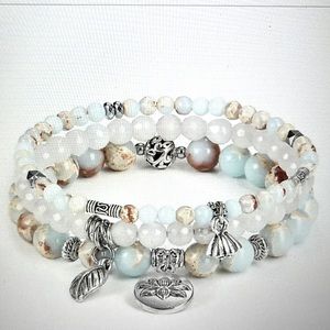 Healing Boho Rose Quartz Crystal Beaded Lotus Charm Stretch Bracelet 3 Strand